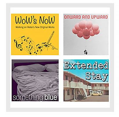 4 squares: one says "WoW's NoW" on yellow with musical notes; "Onward and Upward" pinkish with balloons lifting a lawn chair; "something blue" against a bed; "Extended Stay" over a decrepit motel